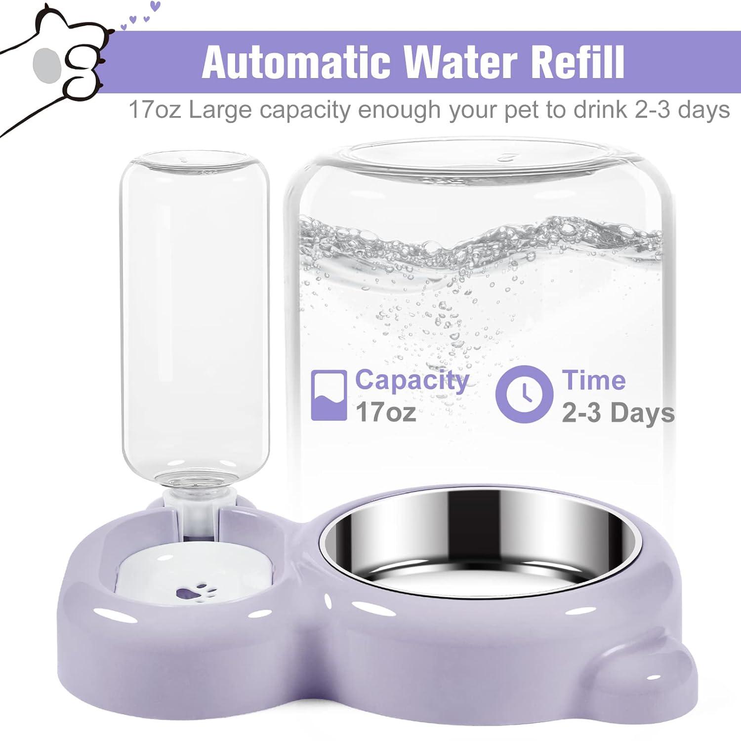 Dog Bowls, Cat Food and Water Bowl Set with Water Dispenser and Stainless Steel Bowl for Cats and Small Dogs - Purple