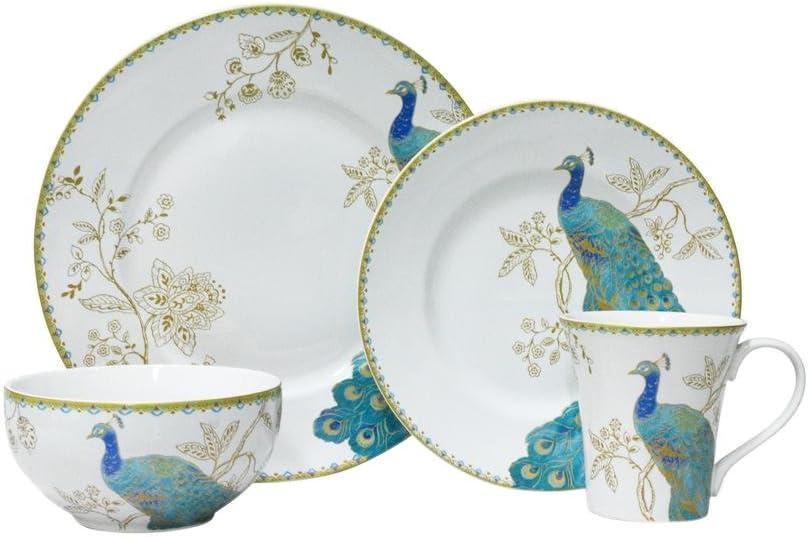 222 Fifth Peacock Garden Porcelain 16pc Dinnerware Set White: Round Dish Set, Service for 4, Bird Pattern, Dishwasher-Safe