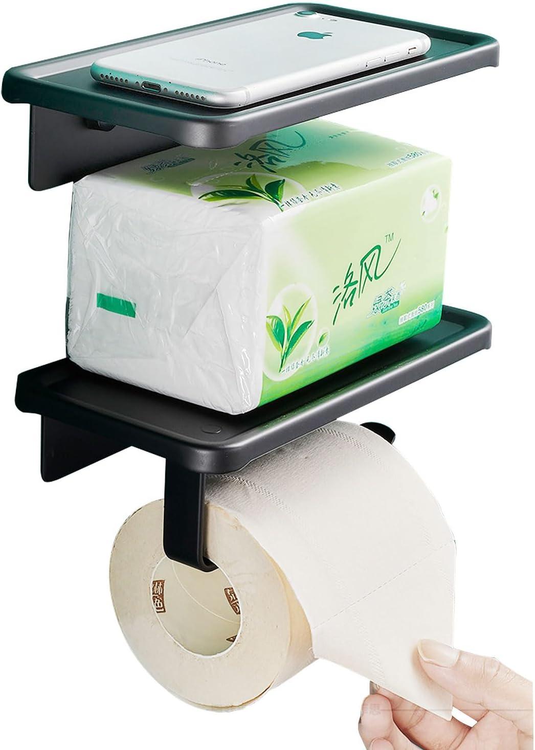 2-Piece Jasni Matte Black Toilet Paper Holder SUS304 Stainless Steel Paper Roll Tissue Holder Toilet Paper Holder with Shelf Self Adhesive Modern Wall Mounted for Bathroom & Kitchen Square Style