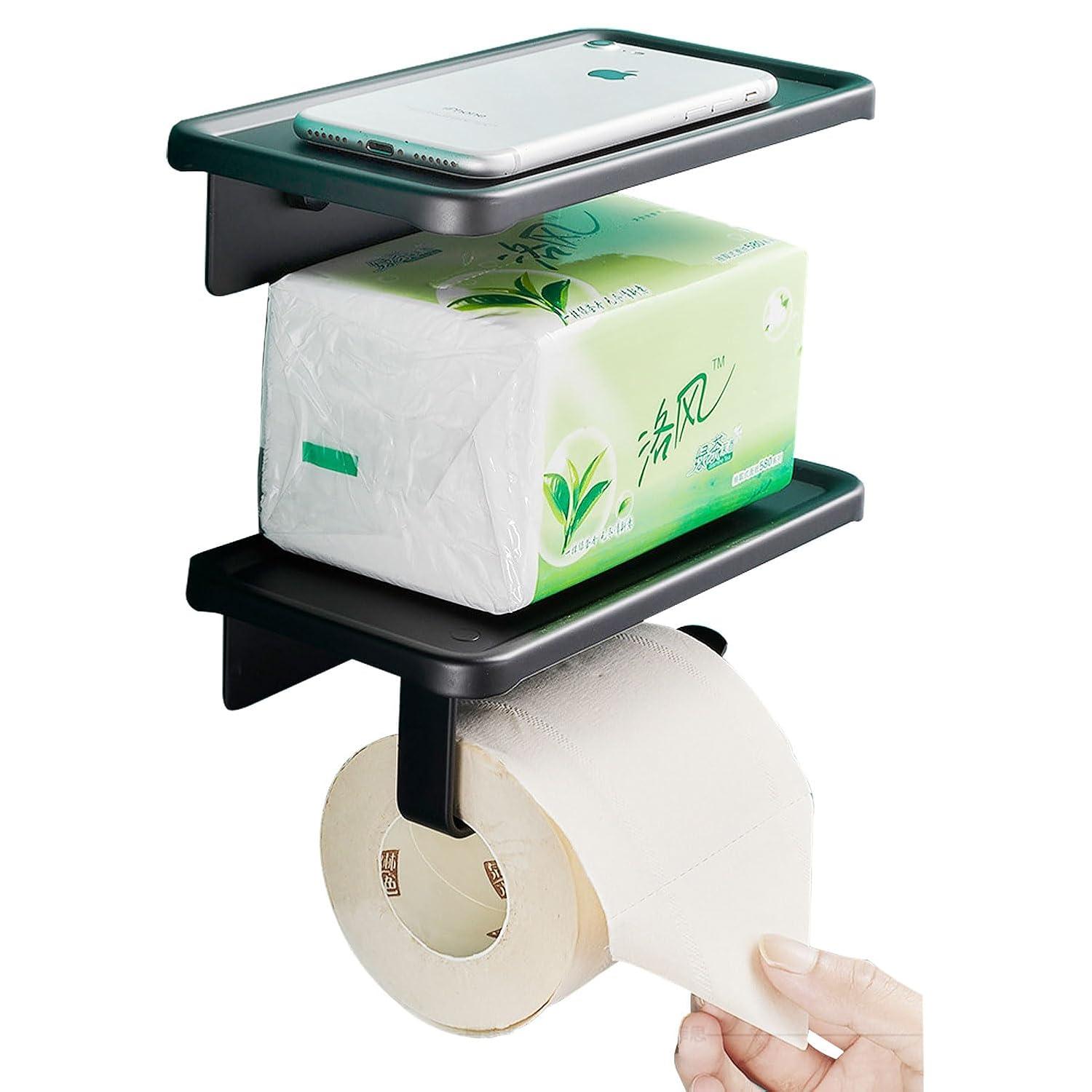 2-Piece Jasni Matte Black Toilet Paper Holder SUS304 Stainless Steel Paper Roll Tissue Holder Toilet Paper Holder with Shelf Self Adhesive Modern Wall Mounted for Bathroom & Kitchen Square Style