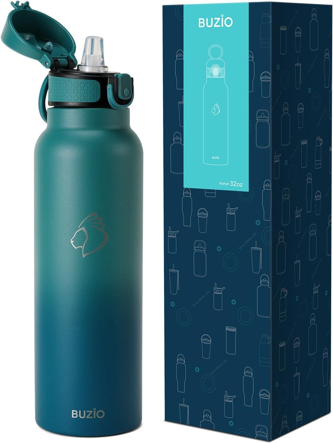 Buzio 32 oz Insulated with Straw & Brush Vaccum Stainless Steel Metal 3 Lids Water Flask for Sports, Gym or Office Keep Cold 48H Hot 24H，Pacific Prince