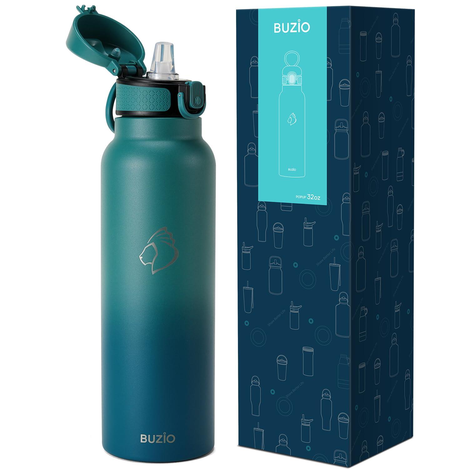 Buzio 32 oz Insulated with Straw & Brush Vaccum Stainless Steel Metal 3 Lids Water Flask for Sports, Gym or Office Keep Cold 48H Hot 24H，Pacific Prince