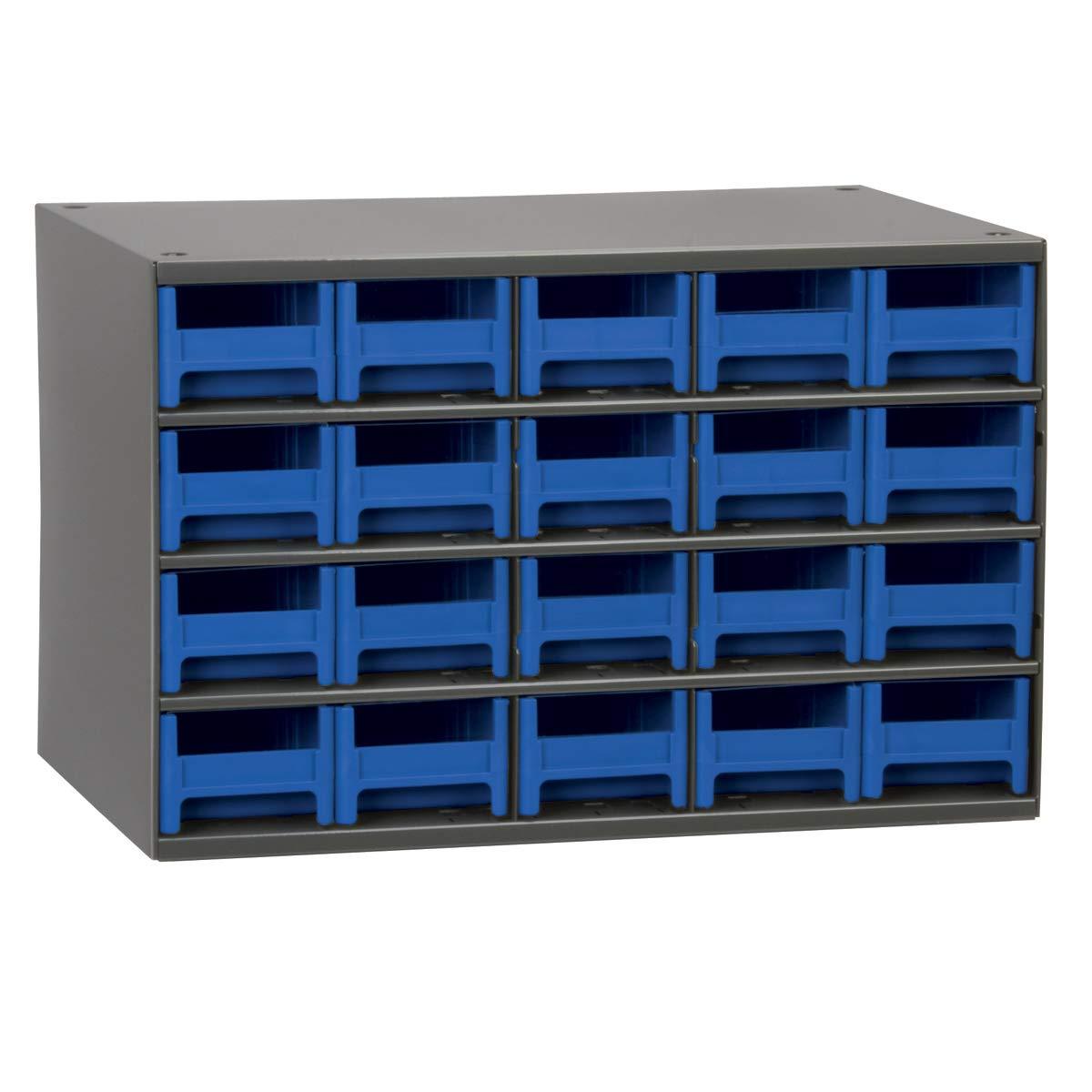 Akro-Mils Steel Garage Storage Cabinet, Small Parts Organizer Metal Cabinet for Hardware, Nails, Screws, Bolts, Nuts, and More, 17" W x 11" D x 11" H, 20-Drawer, Gray Cabinet/Blue Drawers (19320)