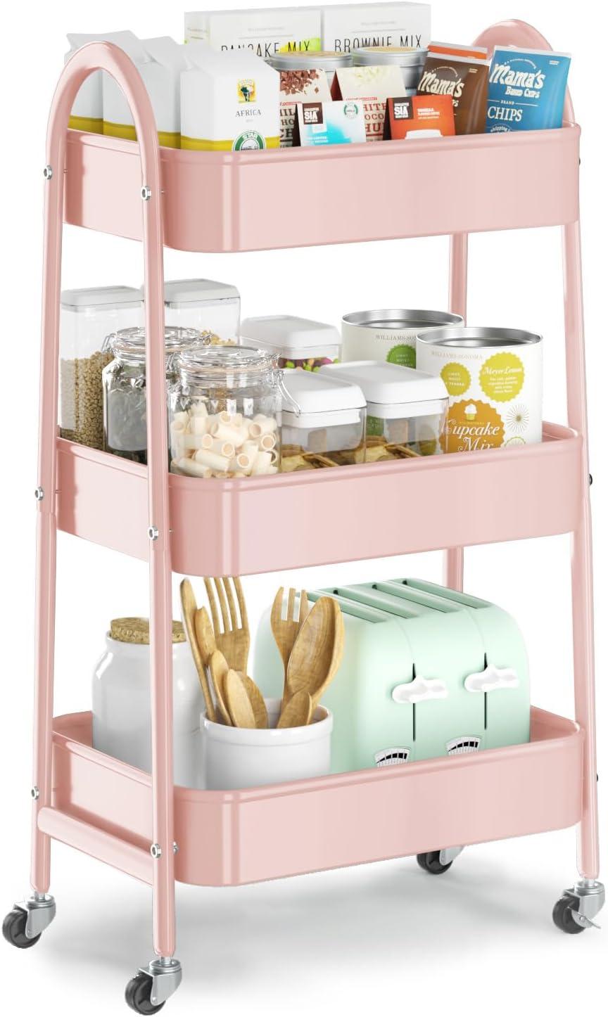 KK KINGRACK 3-Tier Rolling Cart, Metal Utility Cart with Wheels ,Office School Organizer, Pink