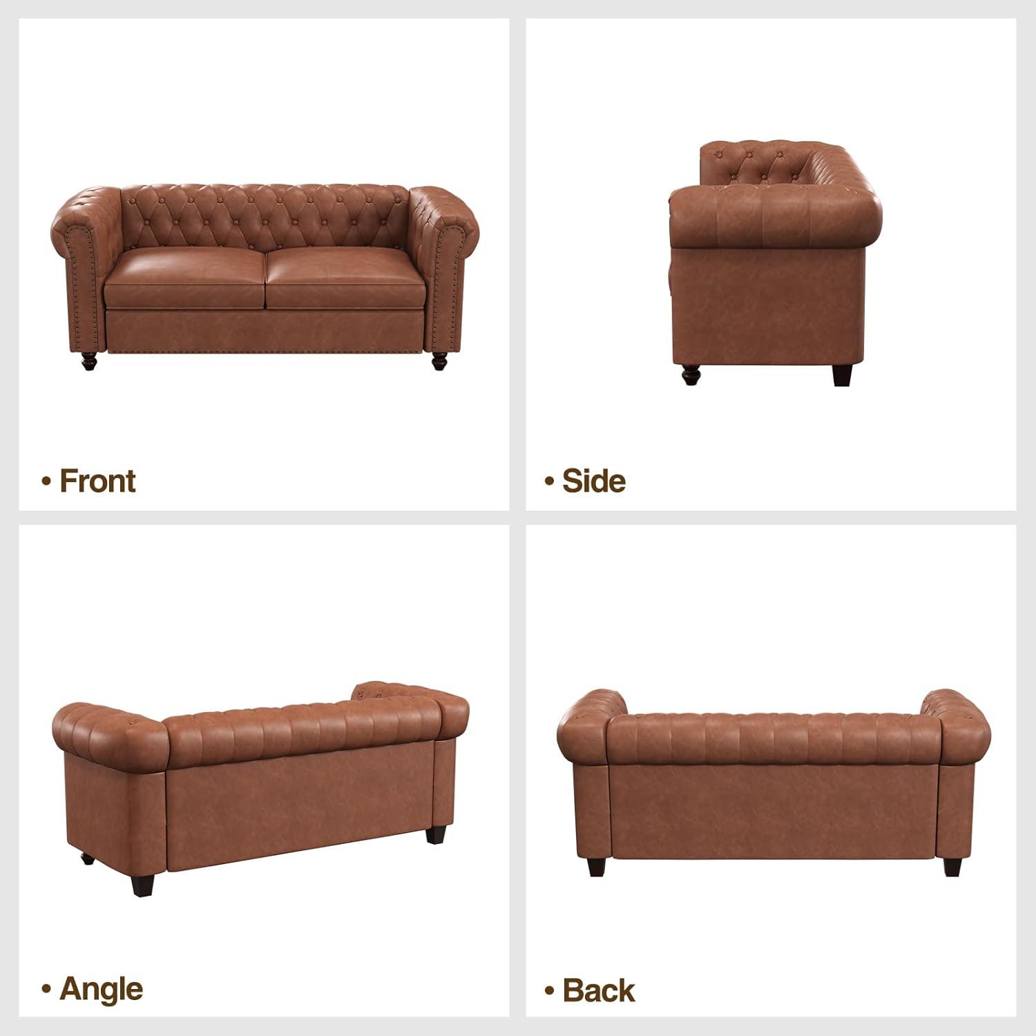 72 Inch Brown Couch, Chesterfield Faux Leather Sofa with Wooden Legs, Vintage Tufted Sofa with Rolled Arms, Mid Century Modern Couch with Rivets for Living Room, Apartment, Office