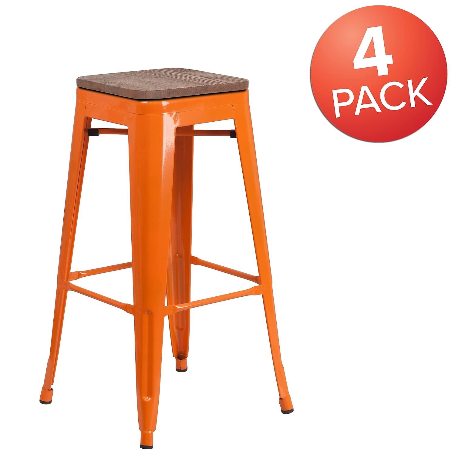 Flash Furniture Margherite 30" High Backless Metal Barstool with Square Wood Seat