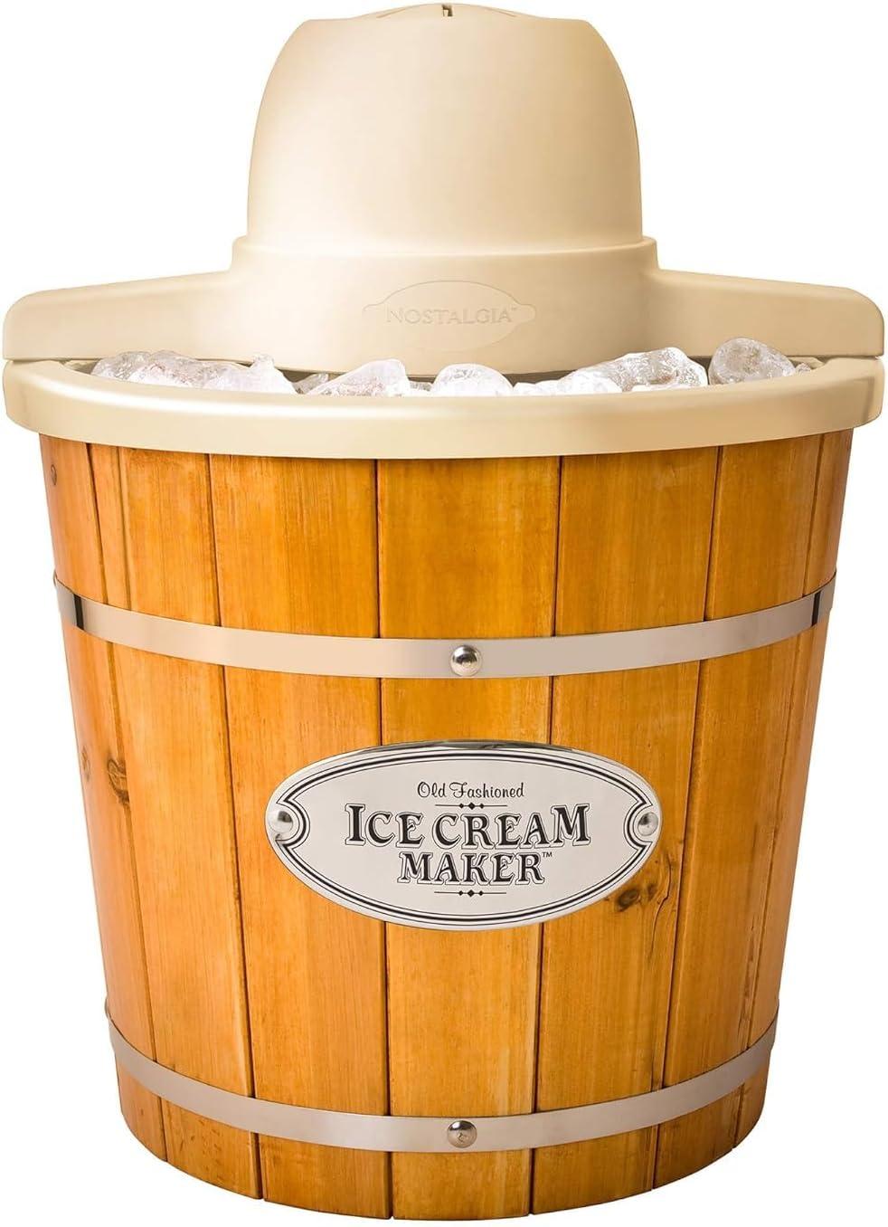 Nostalgia Electric Bucket Ice Cream Maker With Easy-Carry Handle, Makes 4-Quarts in Minutes, Frozen Yogurt, Gelato, Made From Real Wood