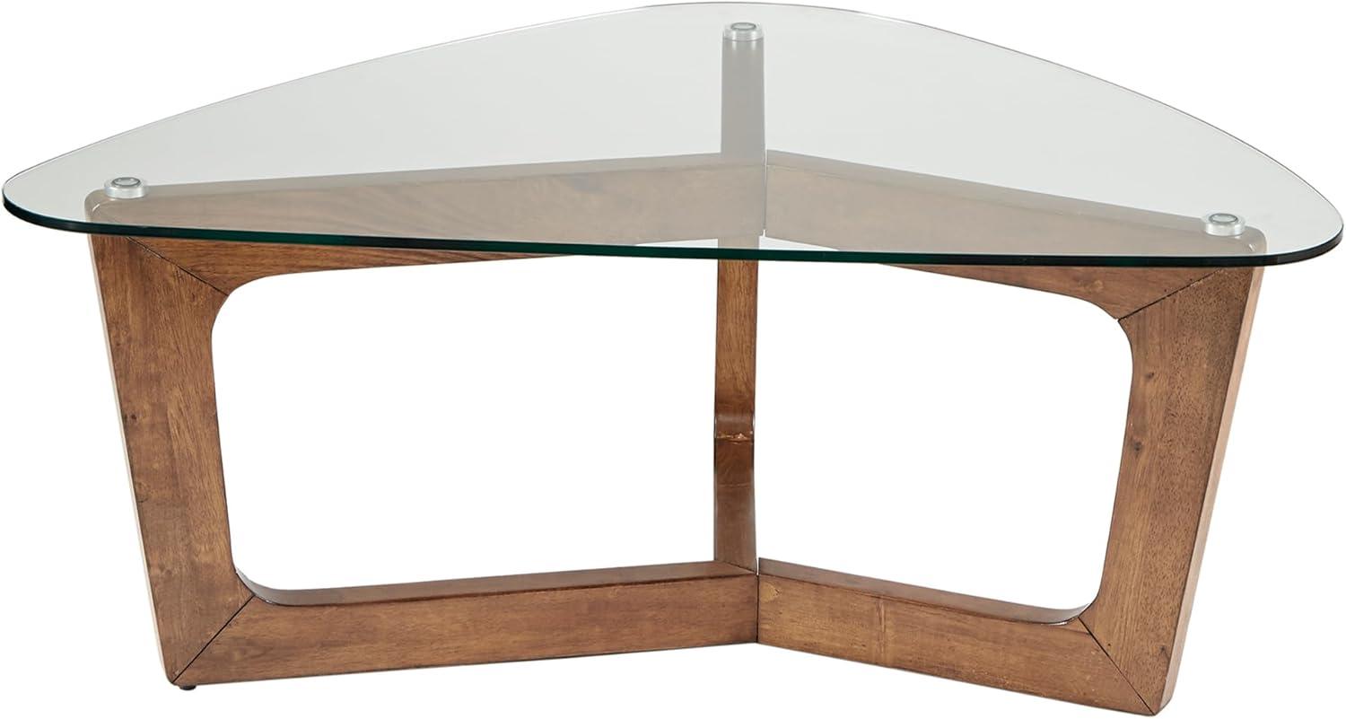 Triangular Pecan Wood Coffee Table with Glass Top