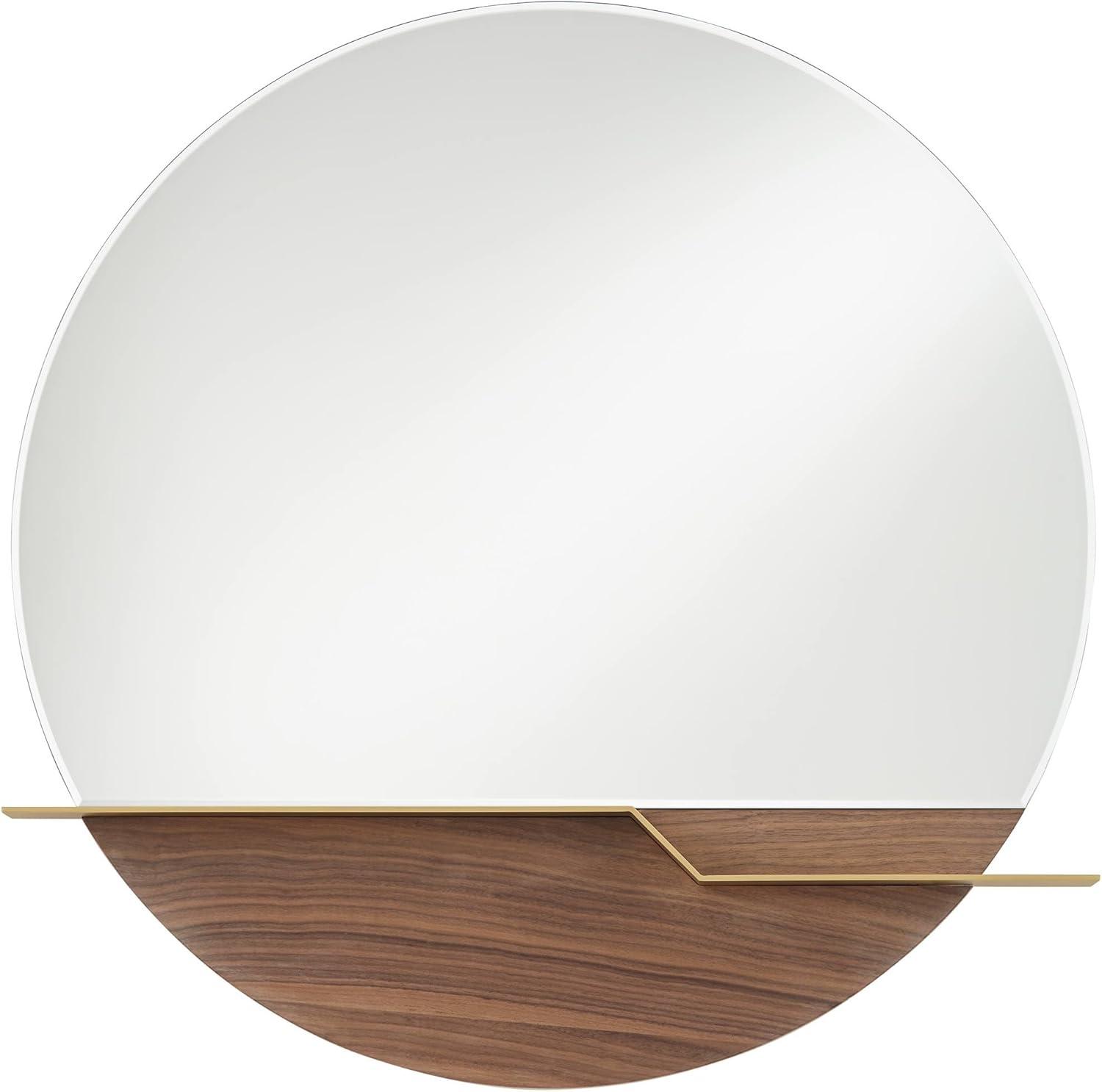 Possini Euro Design Loft Round Vanity Wall Mirror with Gold Shelf Modern Beveled Glass Brown Wood Frame 31 1/2" Wide for Bathroom