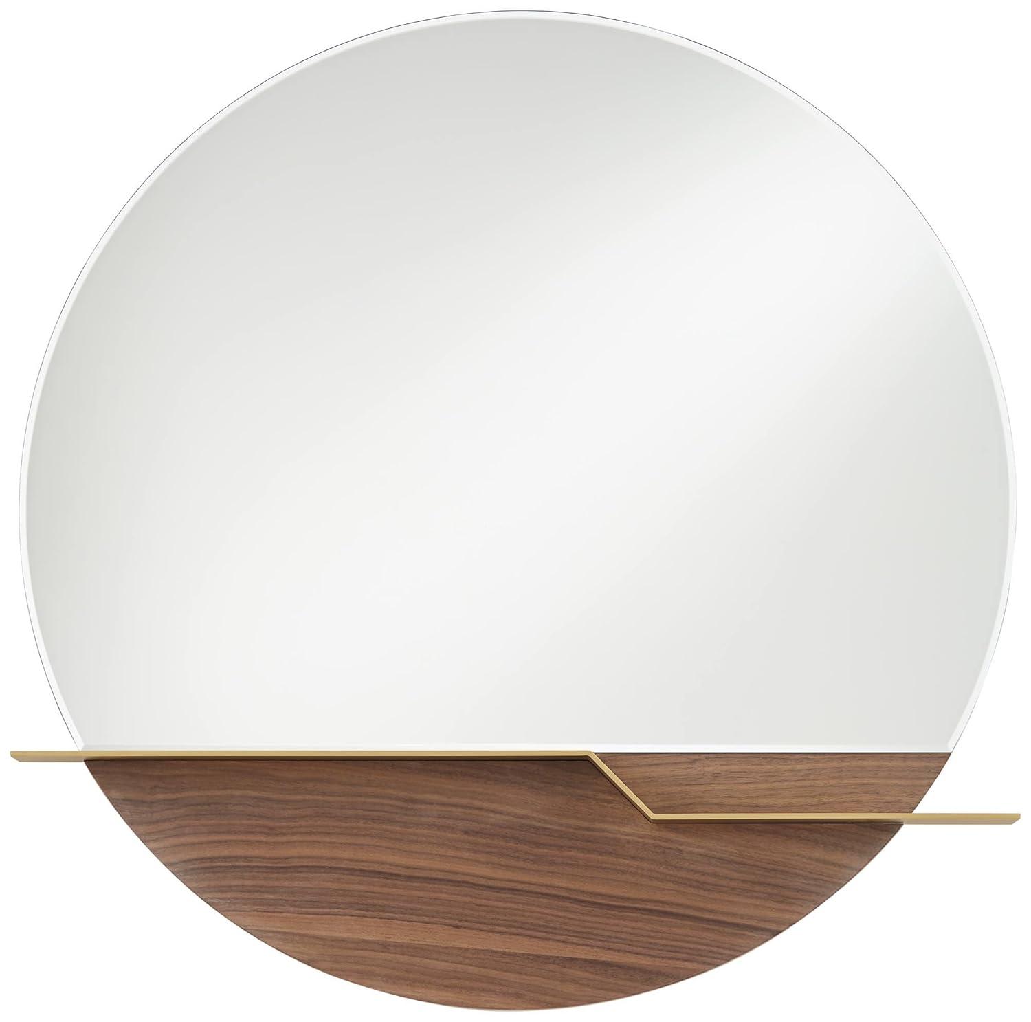 Possini Euro Design Loft Round Vanity Wall Mirror with Gold Shelf Modern Beveled Glass Brown Wood Frame 31 1/2" Wide for Bathroom