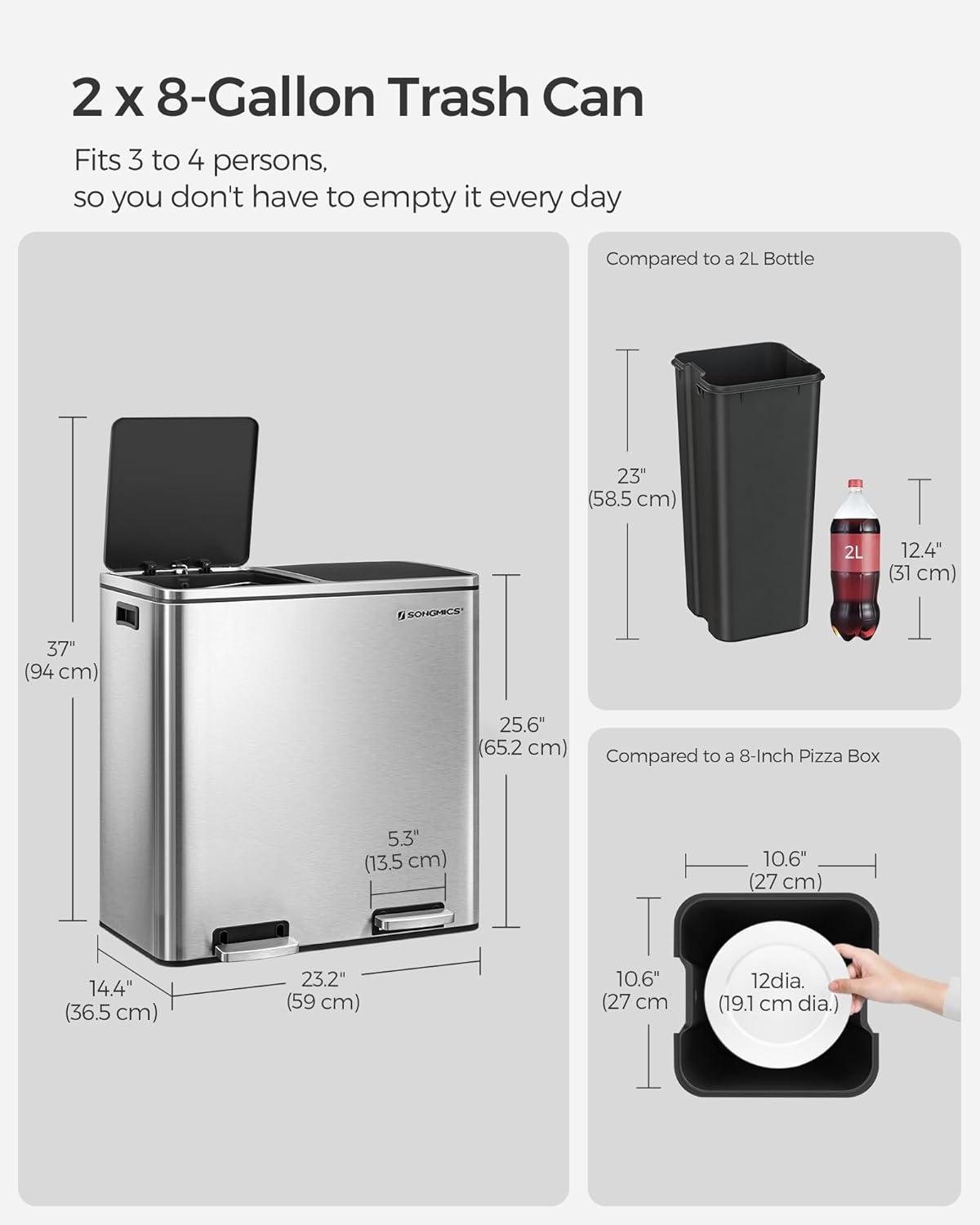Songmics 2 x 8 Gallon Stainless Steel Multi-Compartments Trash Can with 15 trash bags