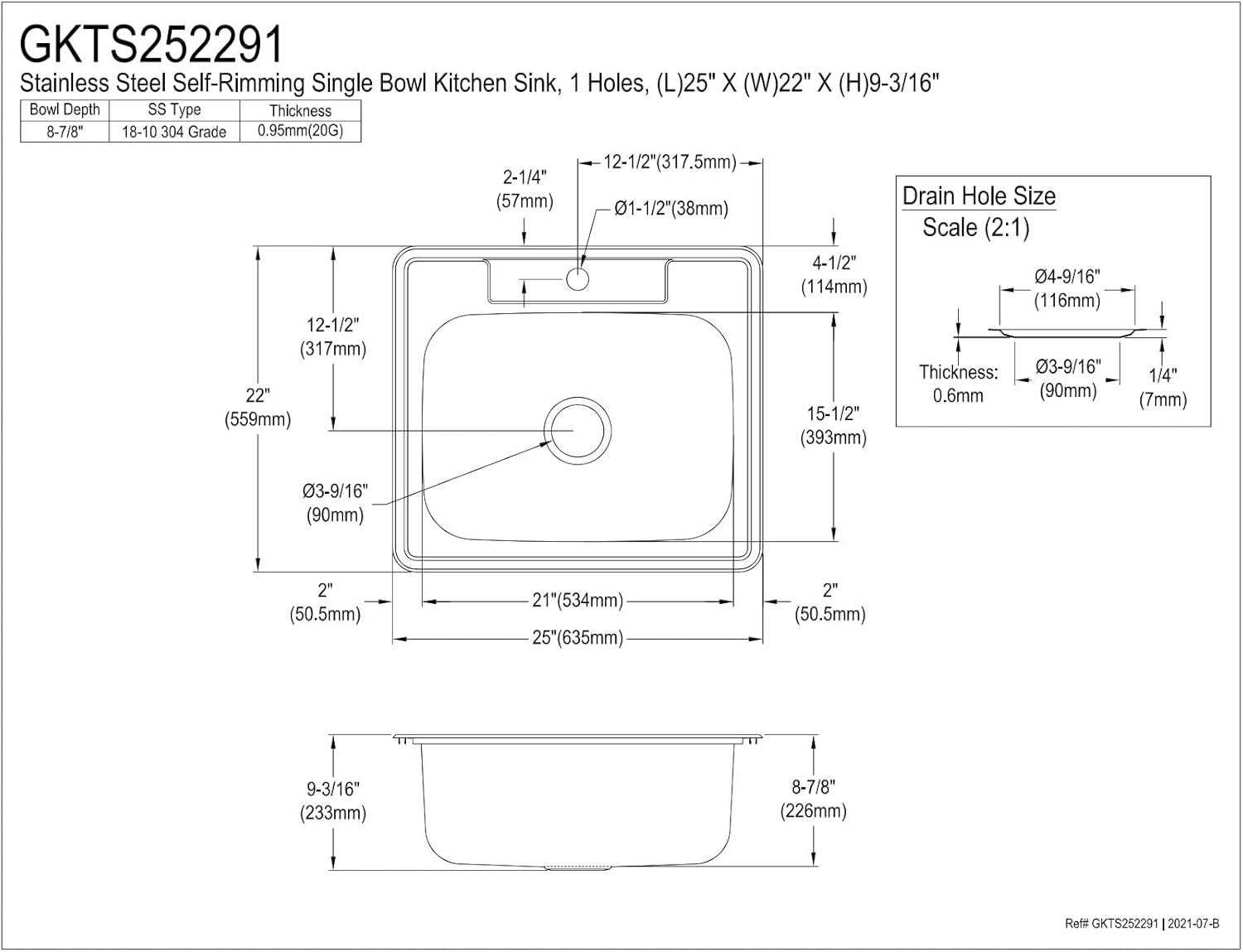 Brushed Stainless Steel Single Bowl Drop-In Kitchen Sink