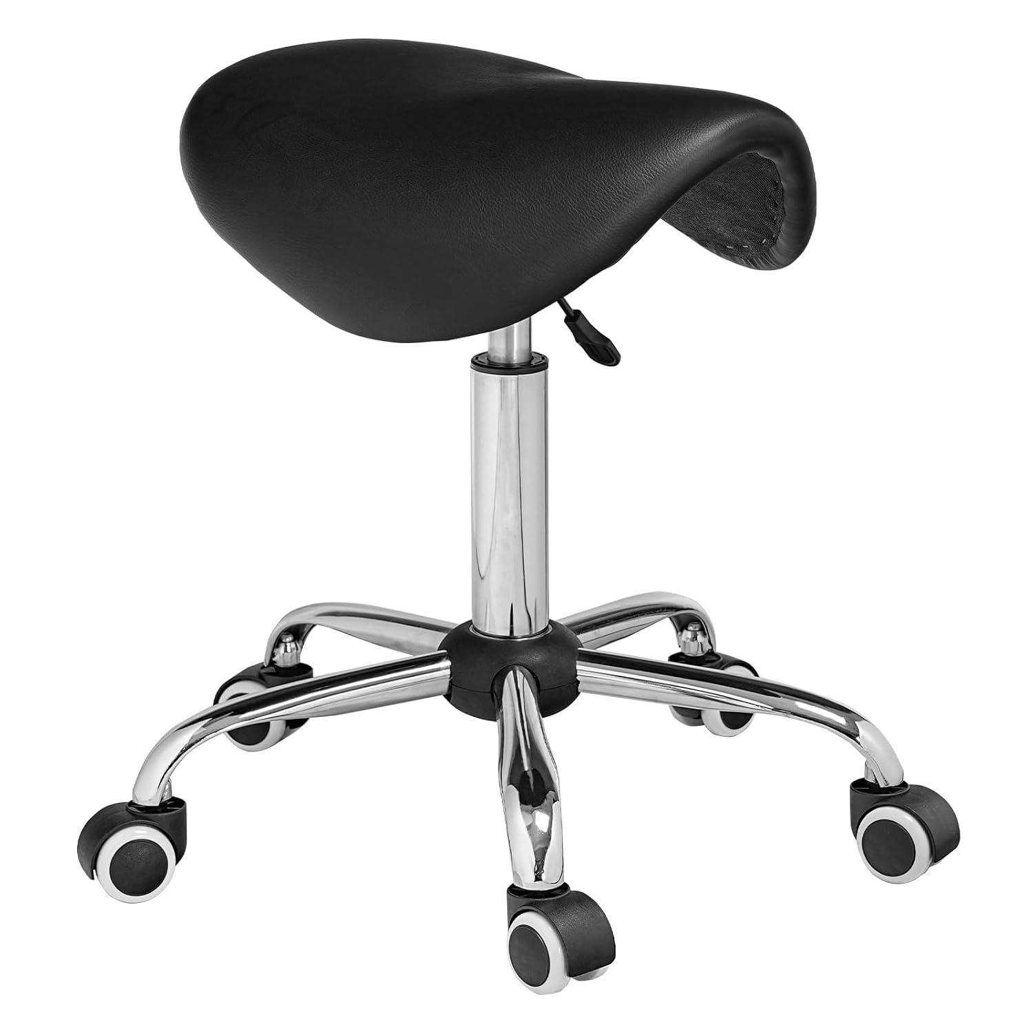 Adjustable Rolling Saddle Stool PU Leather Rolling Stool Salon Chair with Wheels Black