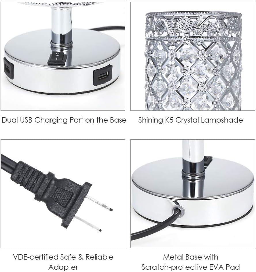 Crystal Table Lamp Set of 2, Bedside Nightstand Lamps with 2 USB Charging Ports, Silver Crystal Desk Lamp for Bedroom Living Room