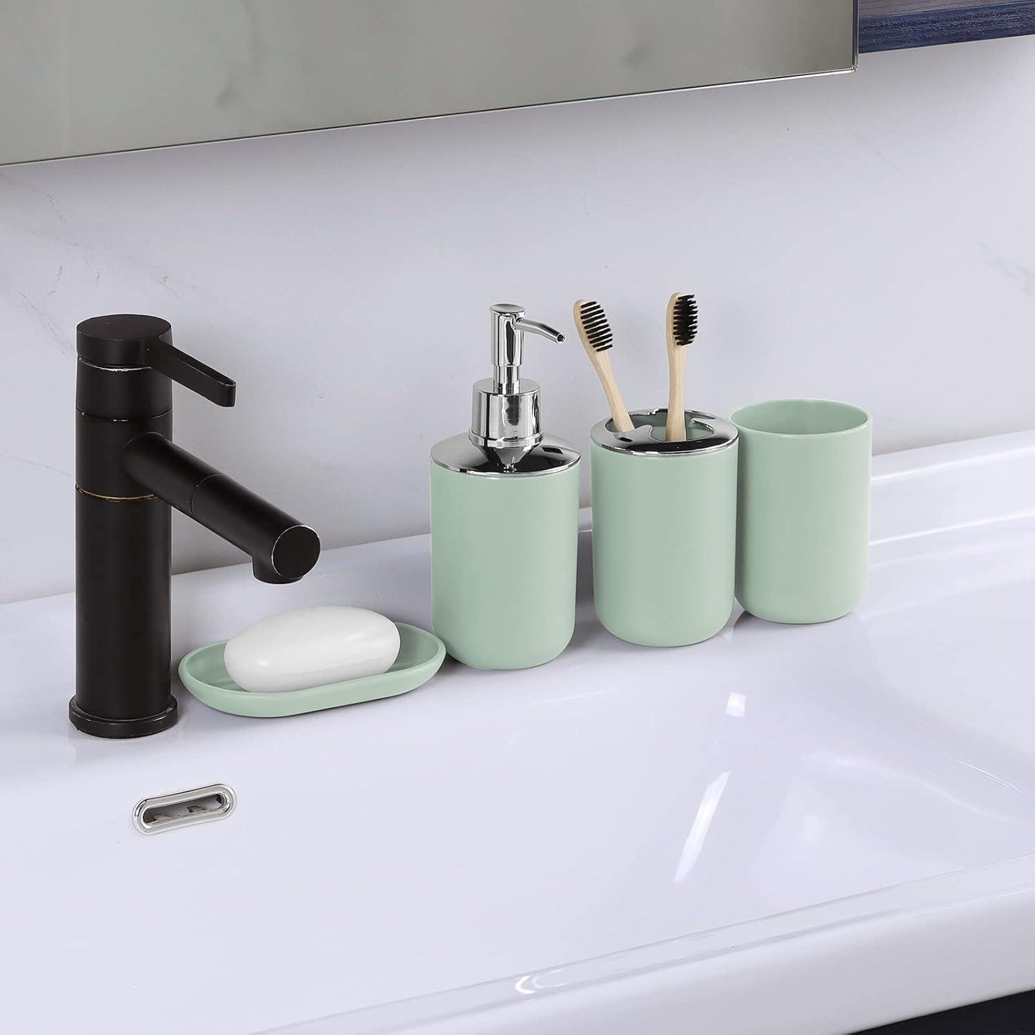 Green Plastic 9-Piece Bathroom Accessories Set with Labels