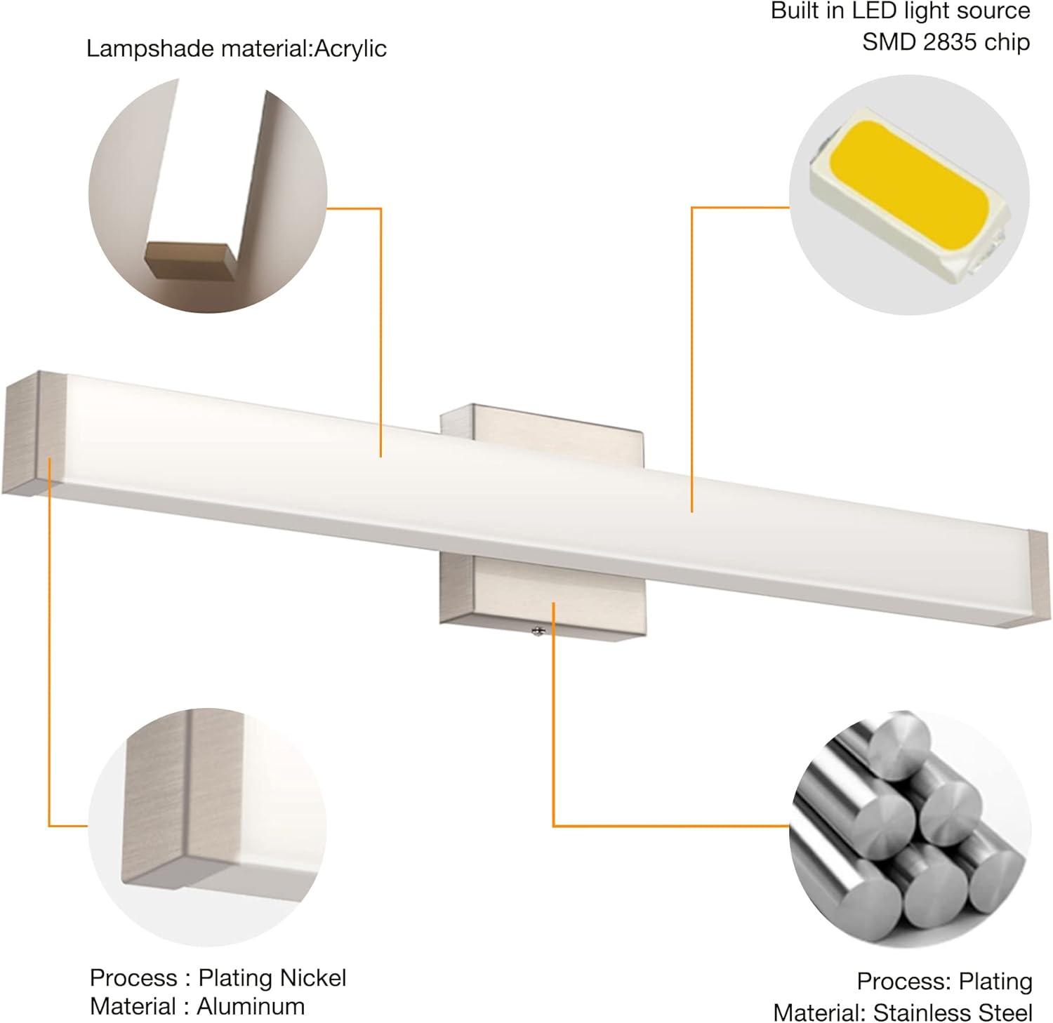 Bathroom Vanity Light Brushed Nickel Square LED 24 inch 14W 4000K Natural White Light Wall Bar Lighting Fixtures Over Mirror