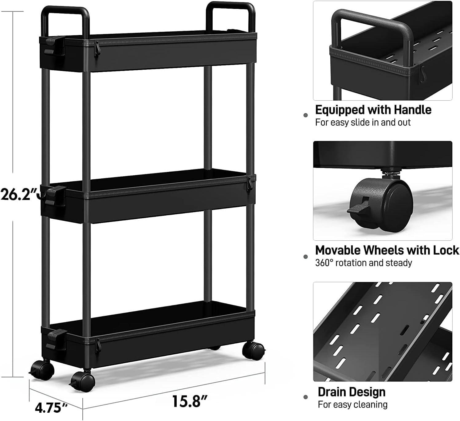 SOLEJAZZ Storage Cart 3-Tier Slim Mobile Shelving Unit Rolling Bathroom Carts with Handle for Kitchen Bathroom Laundry Room Narrow Places, Black