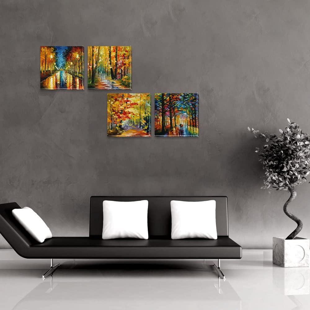 JEUXUS Colorful Landscape Oil Painting Wall Art Canvas Paintings Abstract Texture Rainbow Trees with Walking People Prints Pictures 4 Pieces Living Room Bedroom Artwork 16x16in