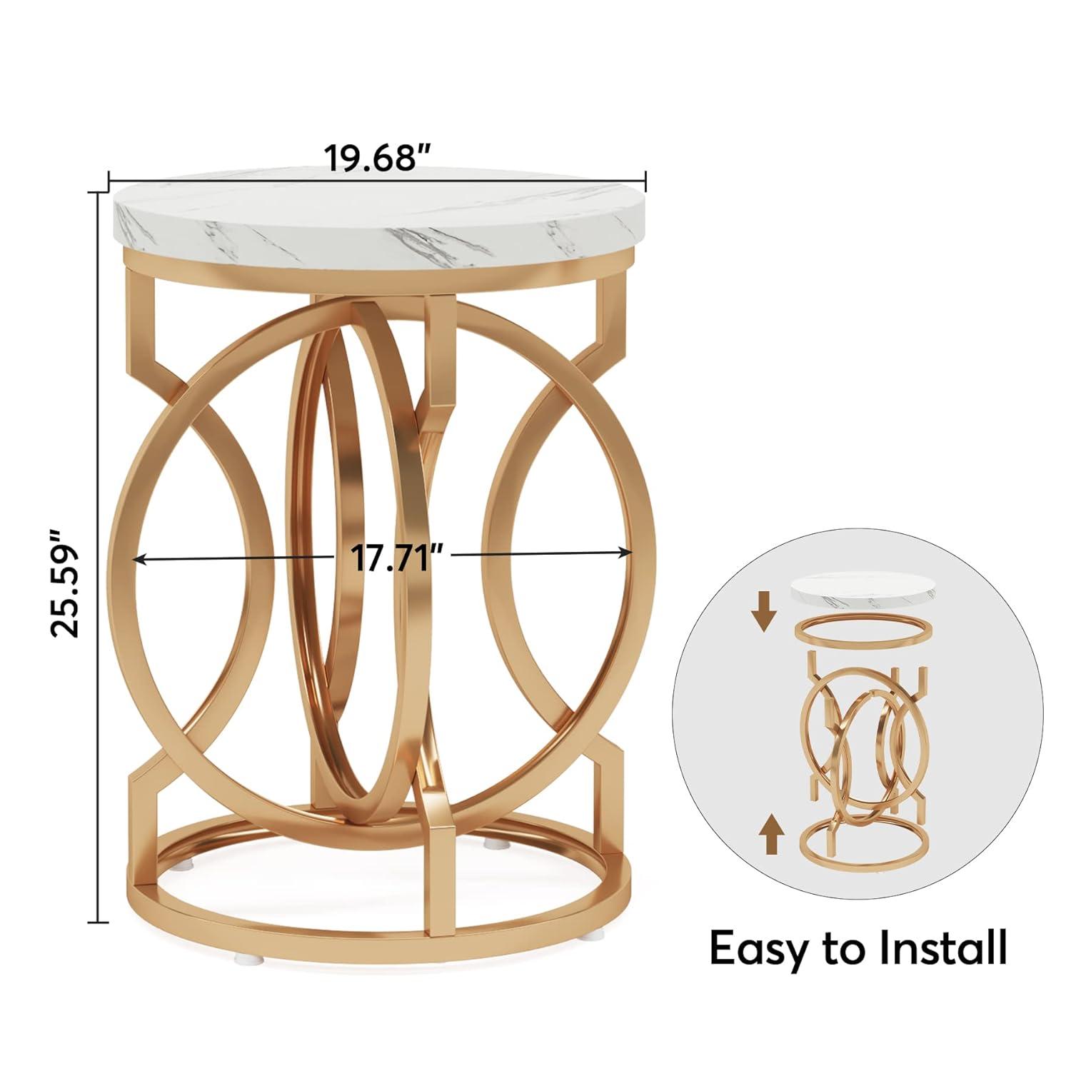 Tribesigns Morden Round End Table with Faux Marble White Top, 20" Sofa Side Table Coffee Table Cocktail Table with Unique Gold O-shaped Base for Living Room Bedroom