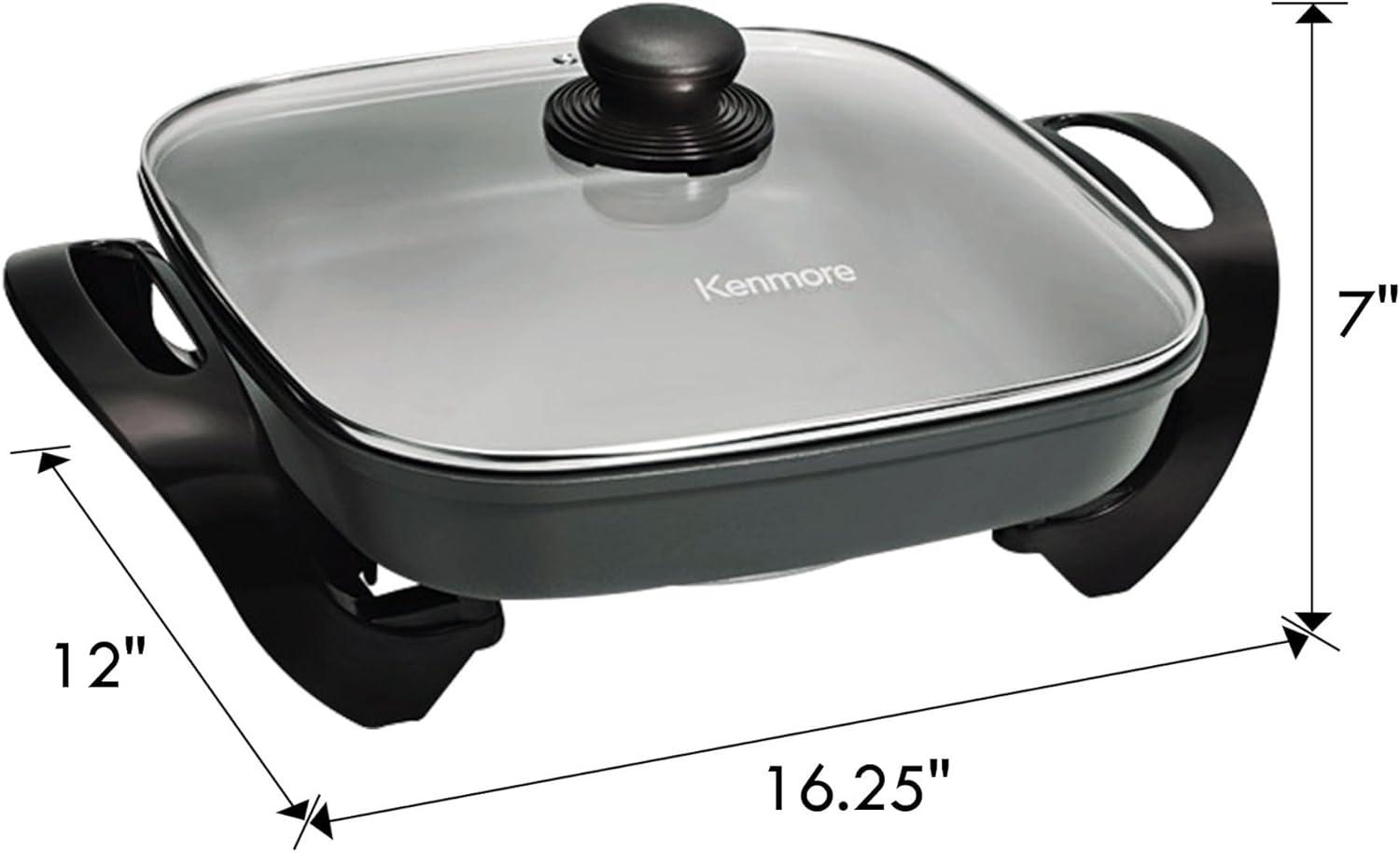Kenmore 12x12" Non-Stick Electric Skillet with Glass Lid - Black/Gray: Cast Iron, Plug-In, Temperature Control, 1350W