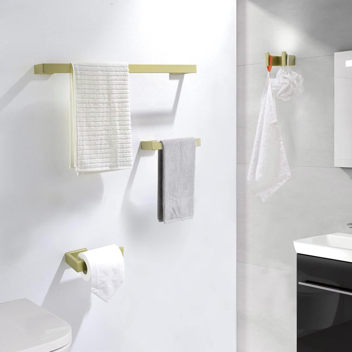 AWZTOO 4-Piece Bathroom Hardware Set Stainless Steel Towel Bar Set Towel Holder Toilet Paper Holder Robe Hook Wall Mount Accessory Set Brushed Gold