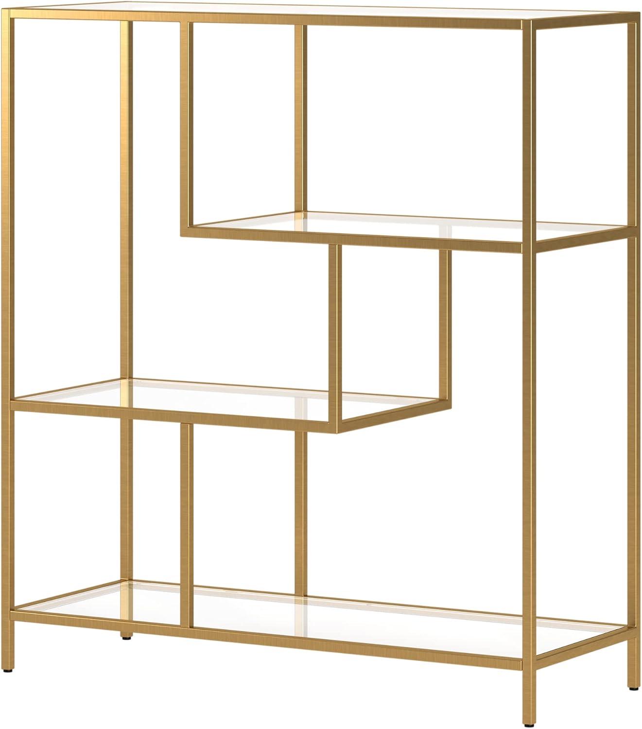 Isla 40'' Brass Steel Frame with Tempered Glass Shelves Bookcase