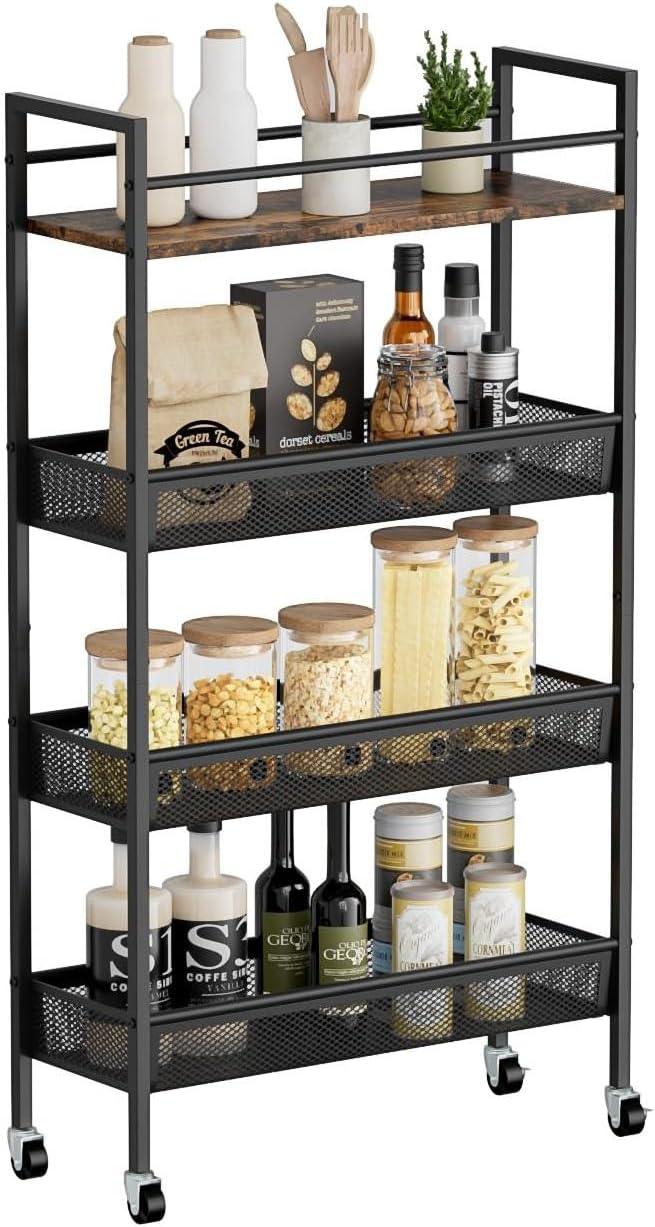 Slim Black Metal and Wood 4-Tier Kitchen Cart