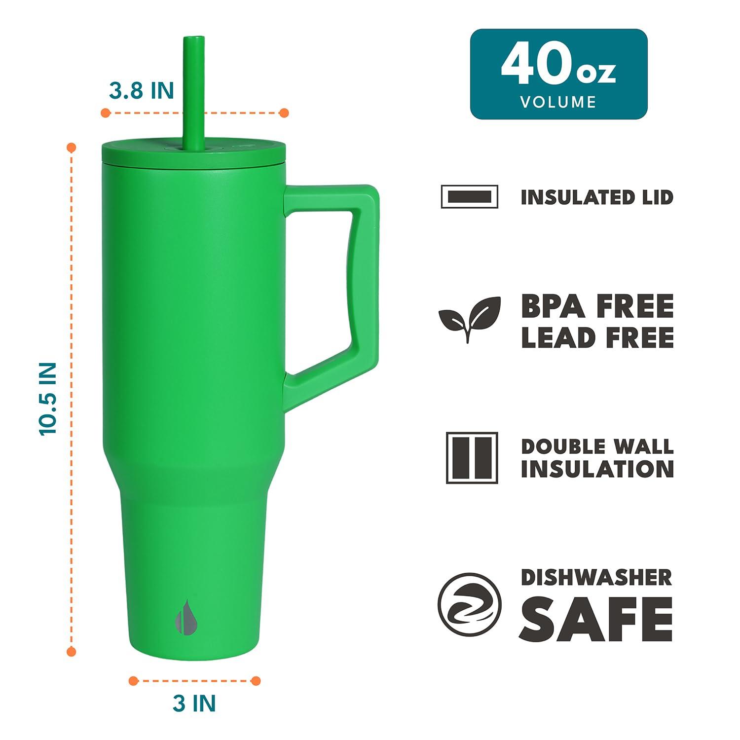 Elemental Commuter 40 oz Tumbler with Handle and Straw Lid | Travel Coffee Mug Spill Resistant | Insulated Cup Stainless Steel Tumblers for Water, Smoothies, Milkshake and More | Green