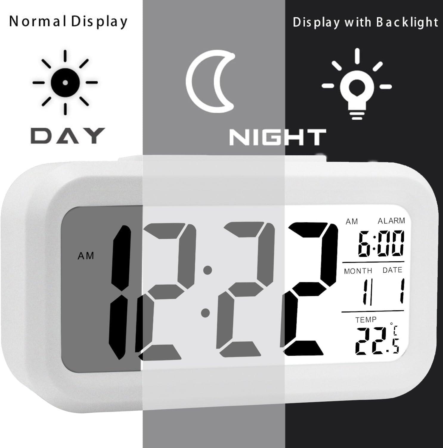 Indoor Temperature Alarm Clock for Bedrooms, Smart Night Light, Battery Operated Small Easy Desk Bedside Gifts Clock-White