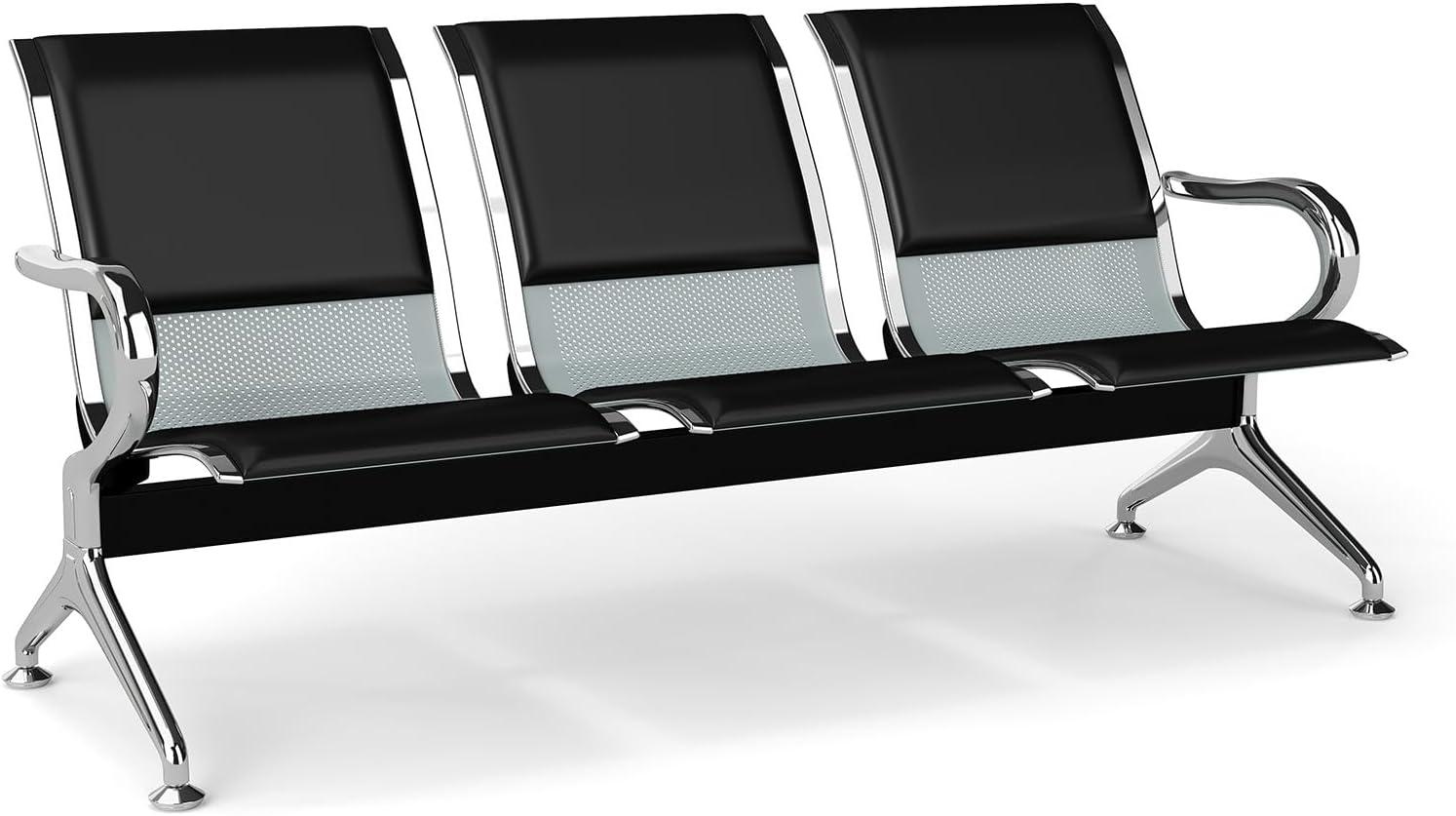 Kinbor Waiting Room Chairs, 3-Seat Reception Chairs Office Guest Waiting Furniture Bench Seating for Airport Bank Hospital, Black