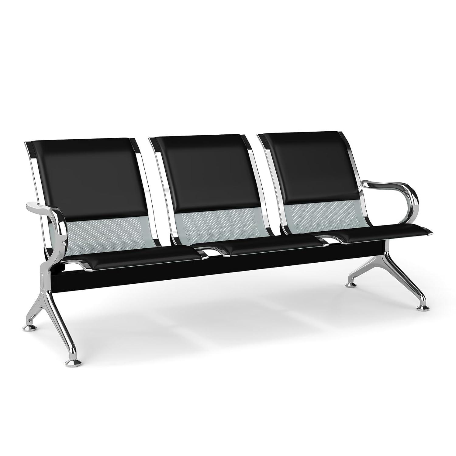 Kinbor Waiting Room Chairs, 3-Seat Reception Chairs Office Guest Waiting Furniture Bench Seating for Airport Bank Hospital, Black
