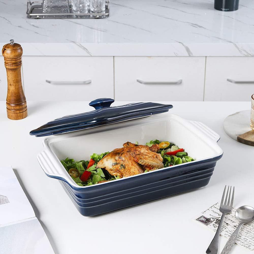 Ceramic Casserole Dish With Lid, Covered Rectangular Set, Lasagna Pan for Cooking, Baking Dish for Dinner, 9 x 13 Inches, Gradient Series (Gradient Blue)