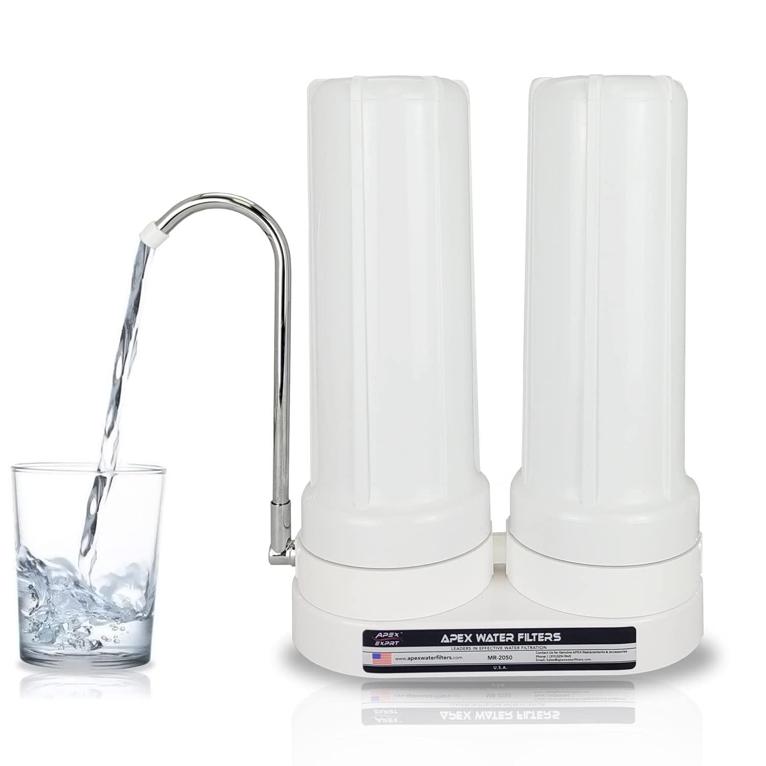 APEX EXPRT MR-2050 Dual Countertop Water Filter - Carbon and Mineral pH Alkaline, Easy Install Faucet - Reduces Heavy Metals, Bad Taste and Up to 99% of Chlorine (White)
