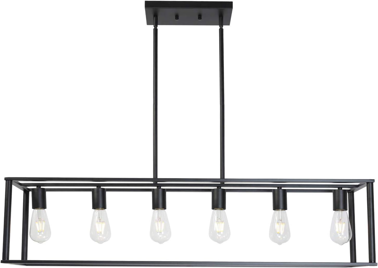 6 Light Rectangle Chandelier Contemporary Farmhouse Linear Pendant Lighting Black Industrial Vintage Kitchen Island Metal Cage Ceiling Light Fixture