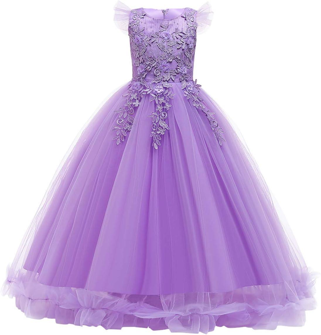 IBTOM CASTLE Vestidos de Desfile Bordados de Encaje Bohemio Floral de Princesa para Fiesta de Niños Boda Vestido Largo de Comunión Hinchado 11-12 Años Púrpura