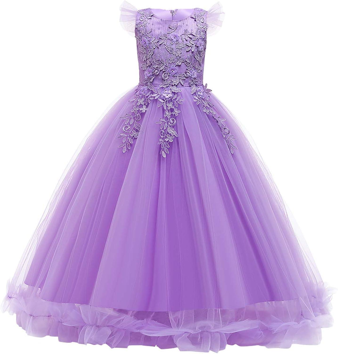 IBTOM CASTLE Flower Girl Princess Floral Boho Lace Embroidered Pageant Dresses for Kids Party Wedding Puffy Communion Maxi Gown 11-12 Years Purple