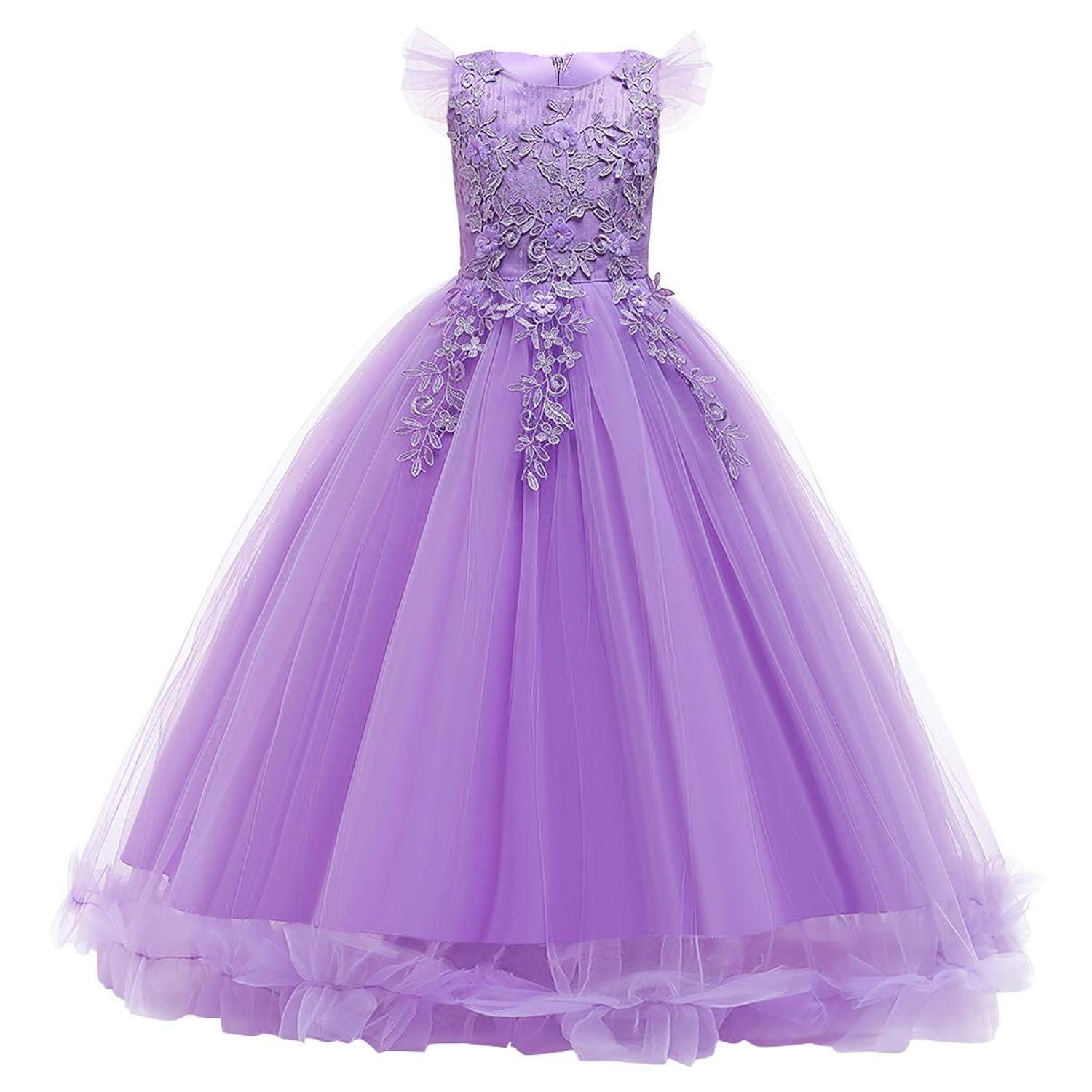 IBTOM CASTLE Vestidos de Desfile Bordados de Encaje Bohemio Floral de Princesa para Fiesta de Niños Boda Vestido Largo de Comunión Hinchado 11-12 Años Púrpura