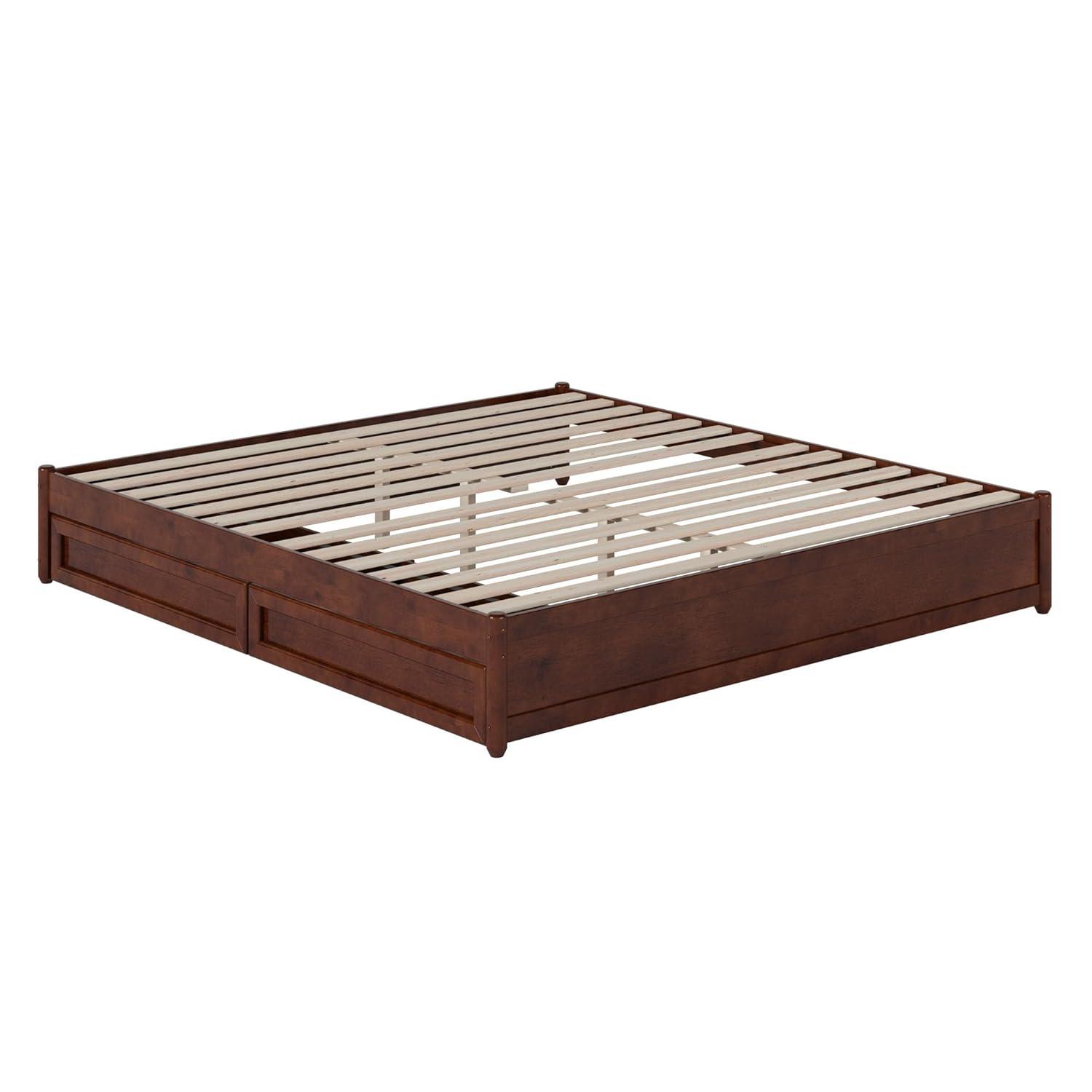 Barcelona King Solid Wood Panel Platform Bed with Storage Drawers in Walnut