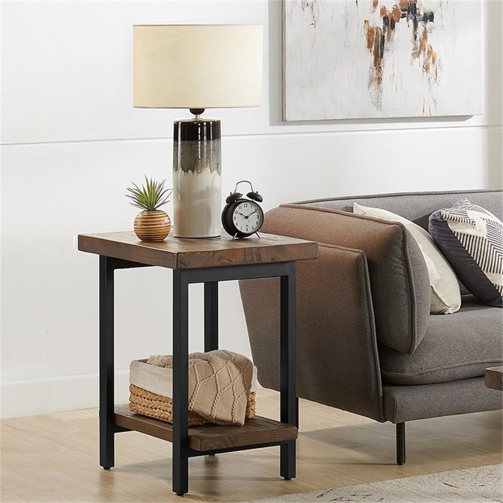 Pomona Solid Wood and Metal End Table with Shelf - Alaterre Furniture: Rustic Design, Fixed Shelf, Rectangle Shape