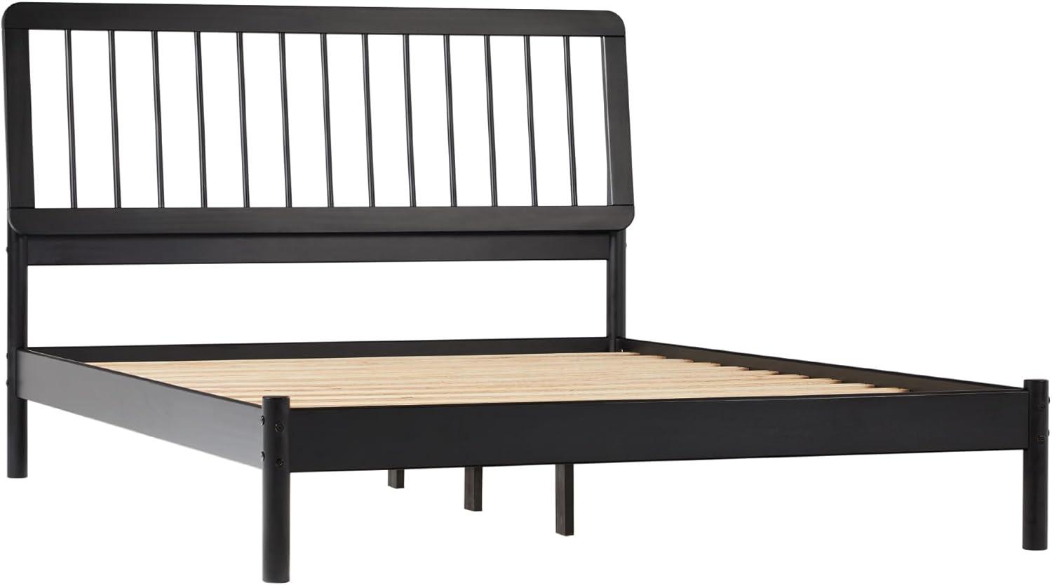 Black Pine Wood Queen Bedframe with Slatted Headboard