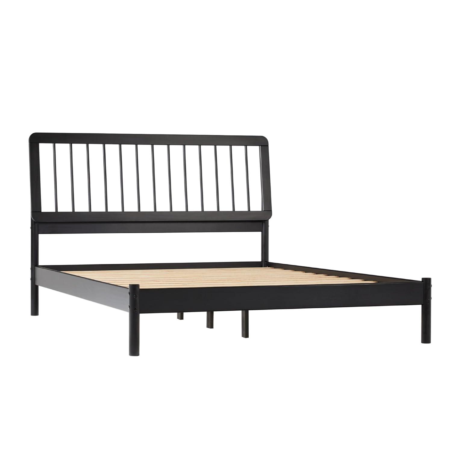 Walker Edison Mid-Century Modern Slatted Solid Wood Queen Bedframe, Black