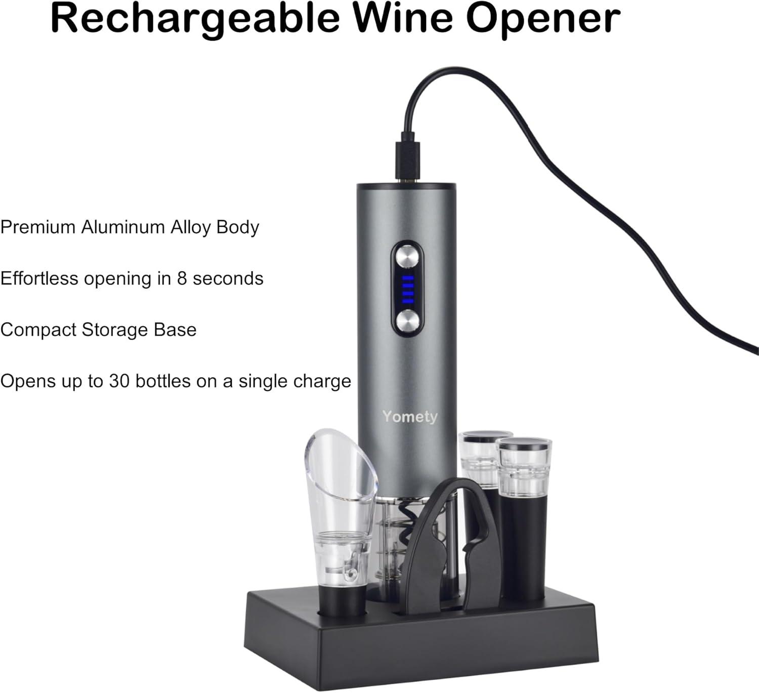 Electric Wine Opener, Rechargeable Wine Opener Set with Foil Cutter, Wine Aerator, Vacuum Stopper and Storage Base, Ideal Wine Accessories for Wine Lovers, Perfect Wine Gifts