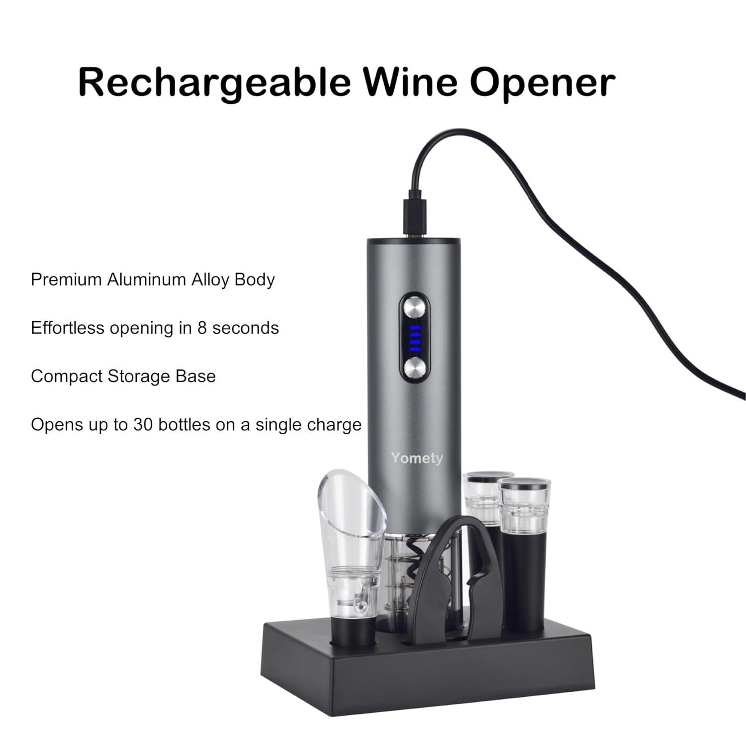 Electric Wine Opener, Rechargeable Wine Opener Set with Foil Cutter, Wine Aerator, Vacuum Stopper and Storage Base, Ideal Wine Accessories for Wine Lovers, Perfect Wine Gifts