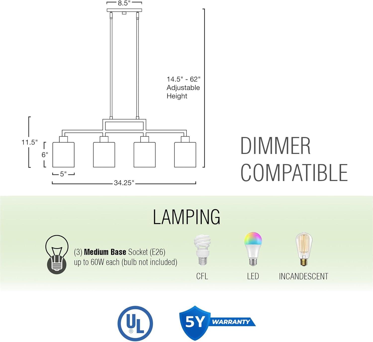 Kira Home Stratford 34" 4-Light Farmhouse Island Light + Glass Shades, Adjustable Hanging Height, Black