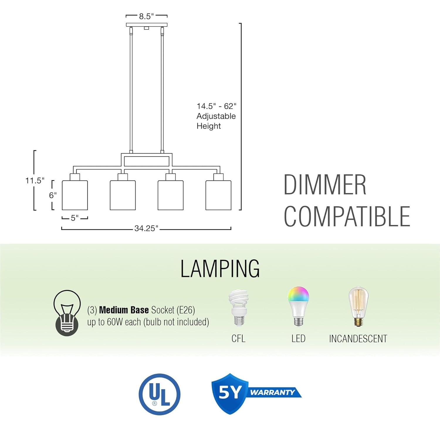 Kira Home Stratford 34" 4-Light Farmhouse Island Light + Glass Shades, Adjustable Hanging Height, Black