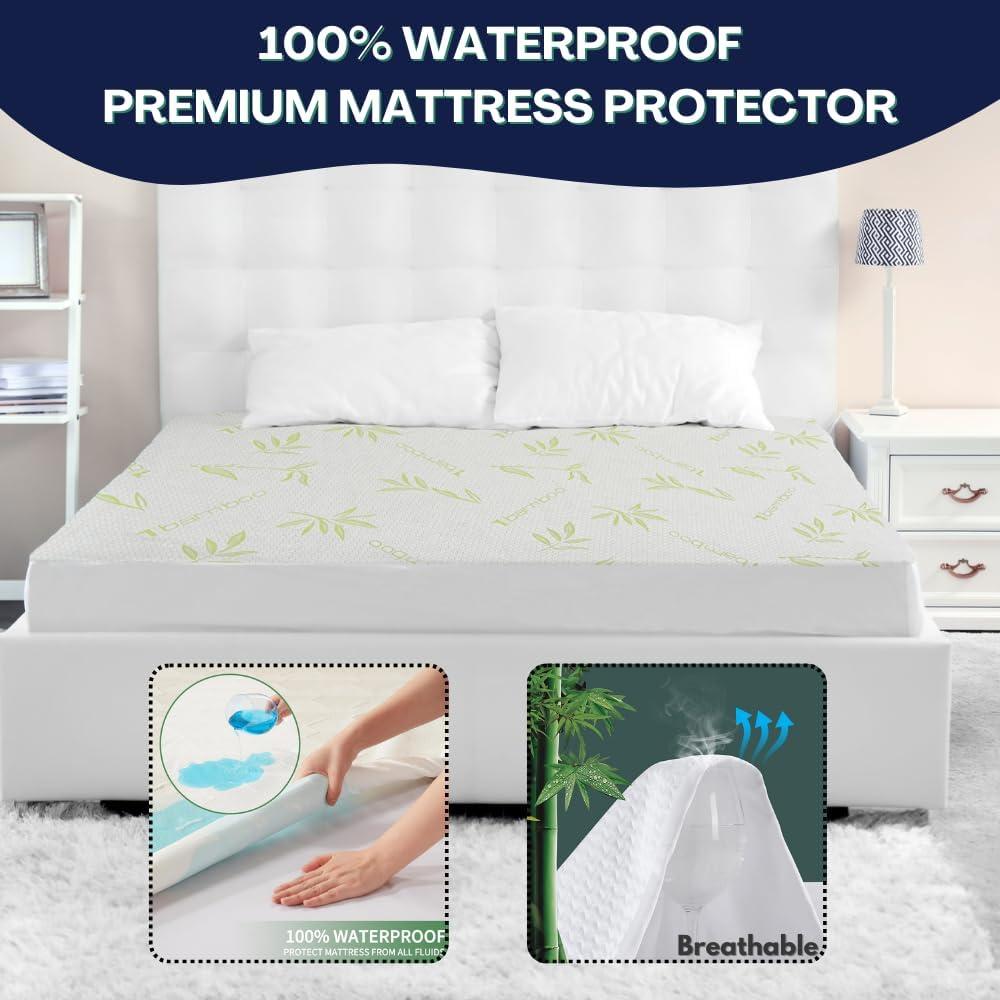 Bamboo Mattress Protector with Zipper - 100% Waterproof Queen Size Mattress Cover - Ultra Soft Jacquard Fabric Cooling Breathable Noiseless Mattress Pad Covers - Zippered Mattress Encasement