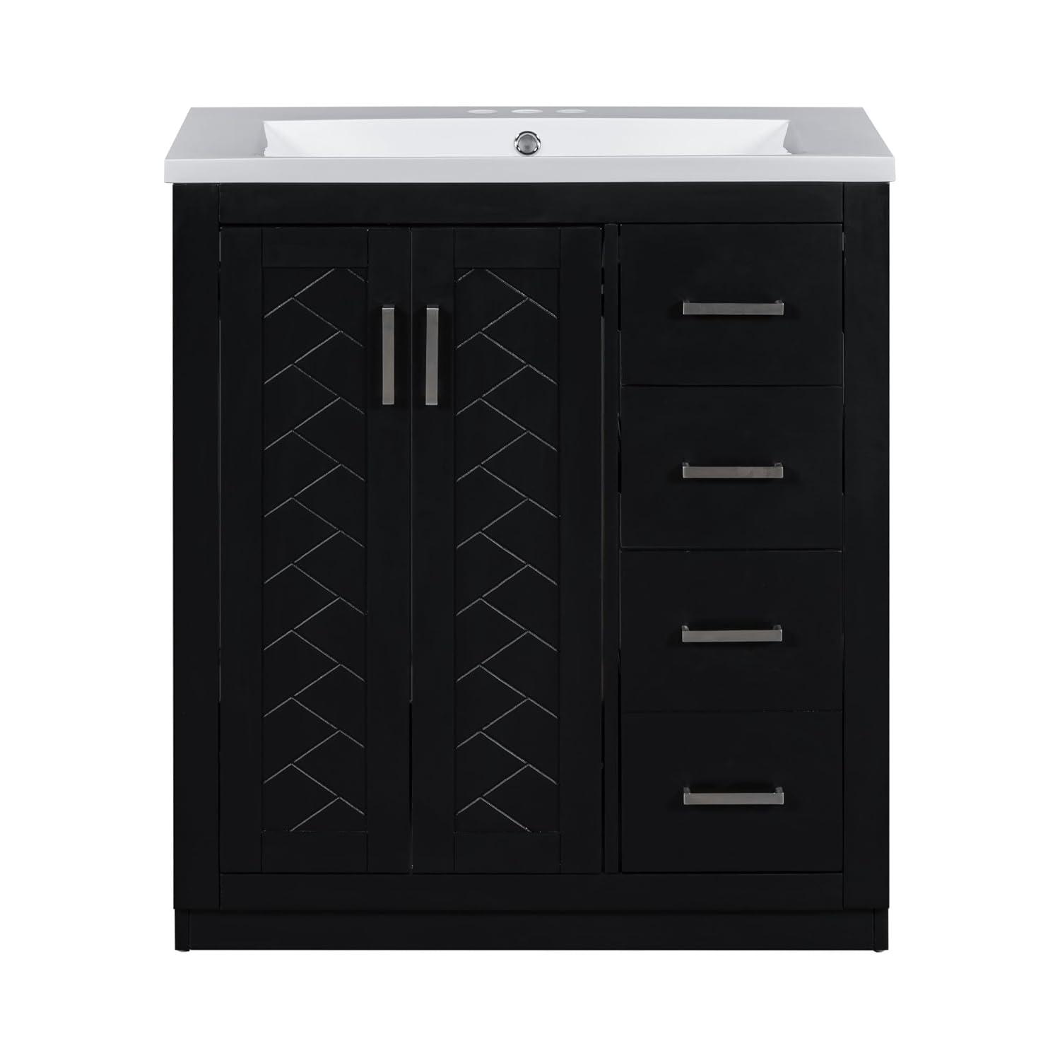 30" Bathroom Vanity with Single Sink, Modern Bathroom Vanity with 3 Drawers & 2 Doors, Solid Wood Bathroom Storage Cabinet with Undermount Sink, Black