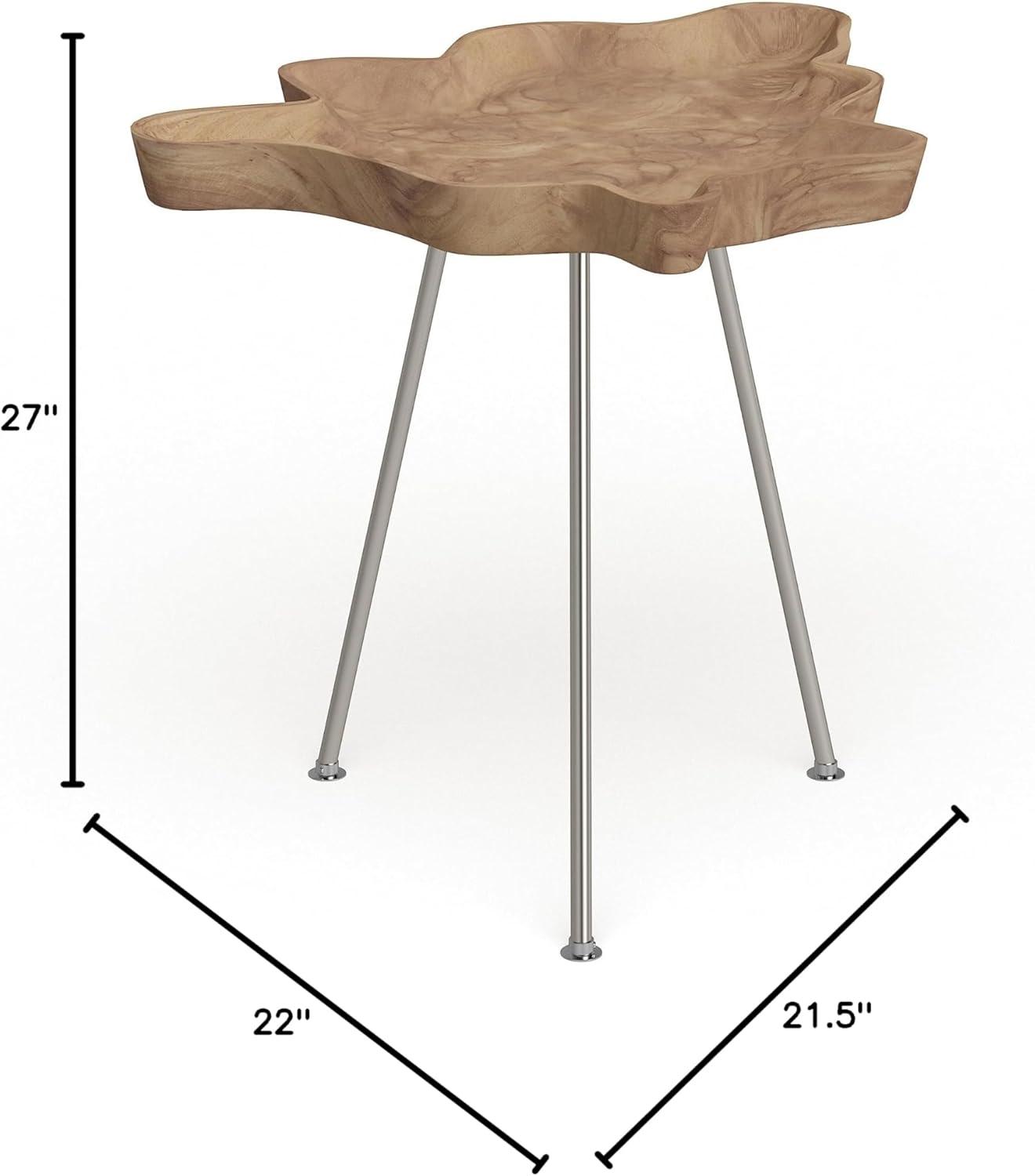 DecMode 27" x 22" Brown Teak Wood Live Edge Top Accent Table with Silver Metal Tripod Legs, 1-Piece