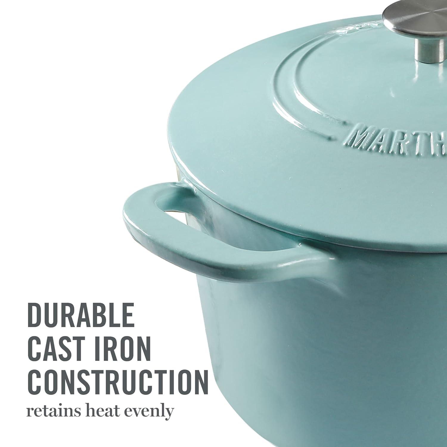 Martha Stewart Gatwick 7qt Enamel Cast Iron Dutch Oven Blue: 7 Quart Pot, Oven-Safe, Smooth Surface Compatible