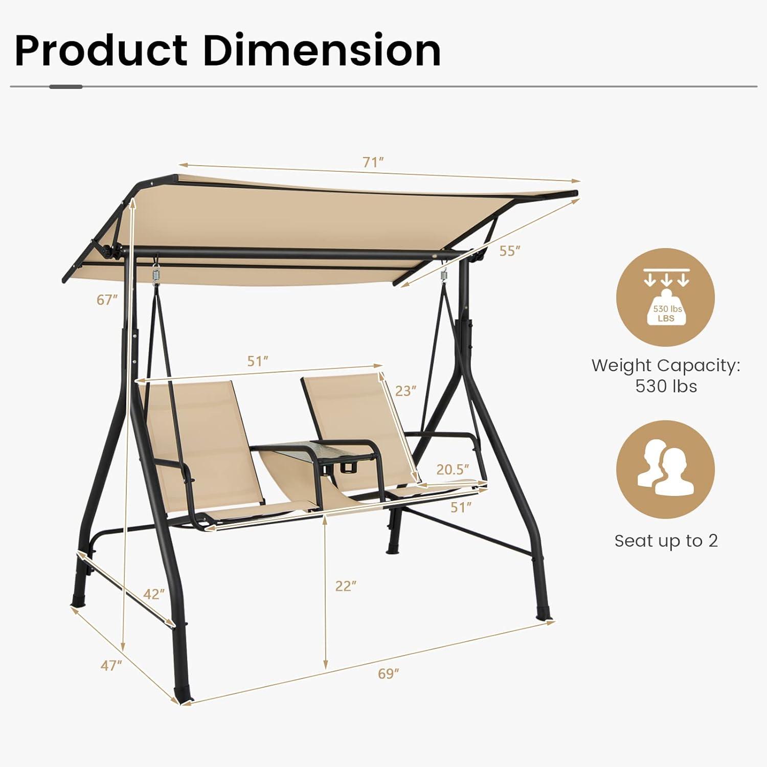 Gymax 2-Person Porch Swing Adjustable Canopy Swing Chair w/ Tempered Glass Table